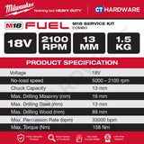 Milwaukee M18 SERVICE KIT Combo, M18 FPD3-0X0-502X Percussion Drill, M18 ALIS Area Light, 2x5.0Ah Battery and Charger