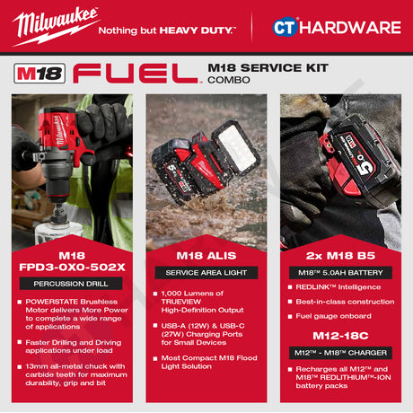 Milwaukee M18 SERVICE KIT Combo, M18 FPD3-0X0-502X Percussion Drill, M18 ALIS Area Light, 2x5.0Ah Battery and Charger