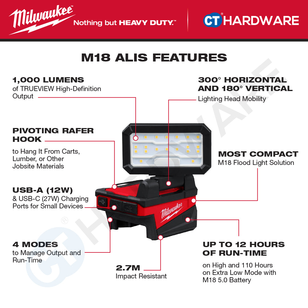 Milwaukee M18 SERVICE KIT Combo, M18 FPD3-0X0-502X Percussion Drill, M18 ALIS Area Light, 2x5.0Ah Battery and Charger
