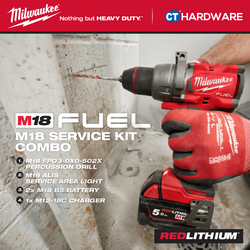 Milwaukee M18 SERVICE KIT Combo, M18 FPD3-0X0-502X Percussion Drill, M18 ALIS Area Light, 2x5.0Ah Battery and Charger