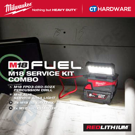 Milwaukee M18 SERVICE KIT Combo, M18 FPD3-0X0-502X Percussion Drill, M18 ALIS Area Light, 2x5.0Ah Battery and Charger