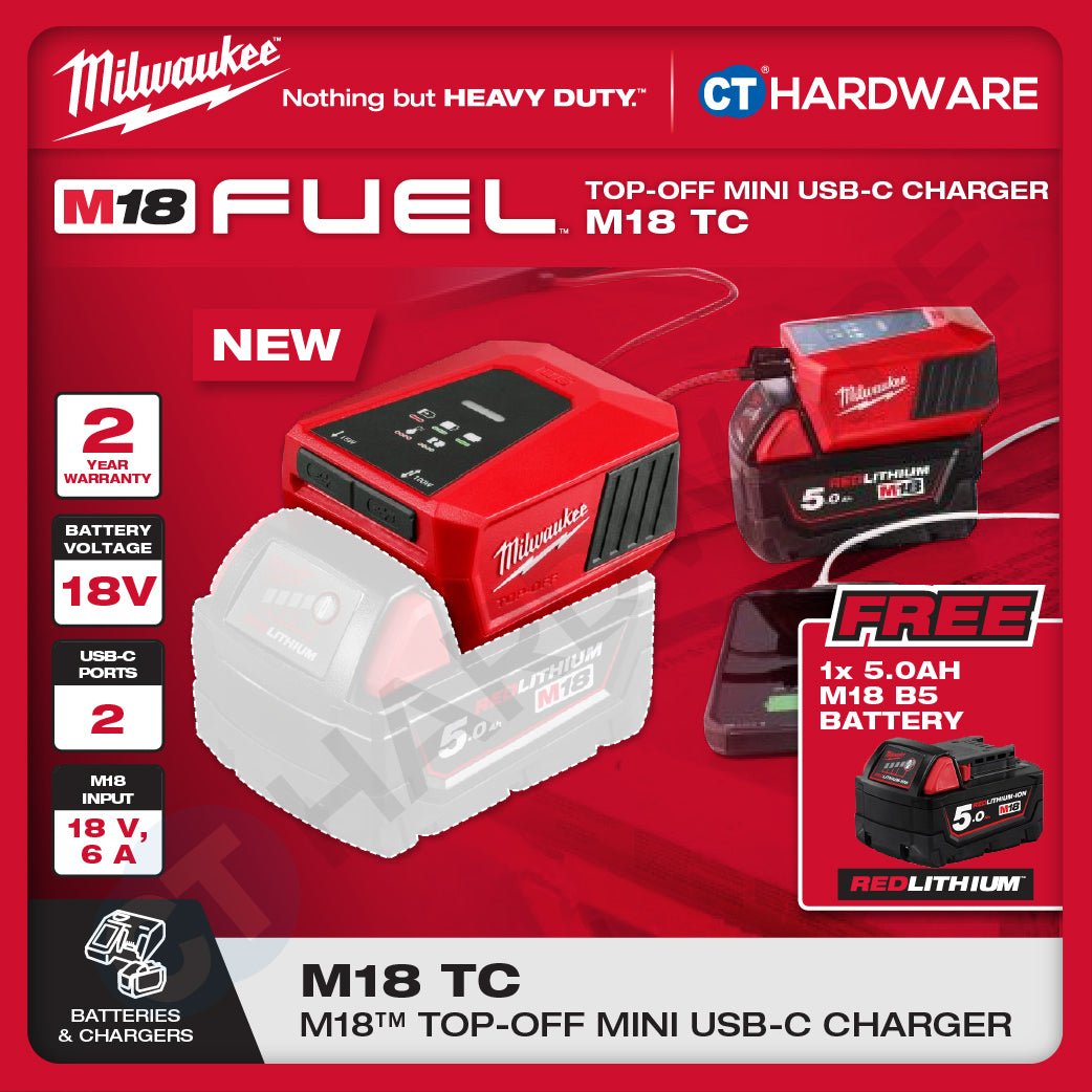 Milwaukee M18 TC, Top-Off Mini USB-C Charger With FREE 1x M18 5.0Ah M18 B5 Battery | BARE UNIT