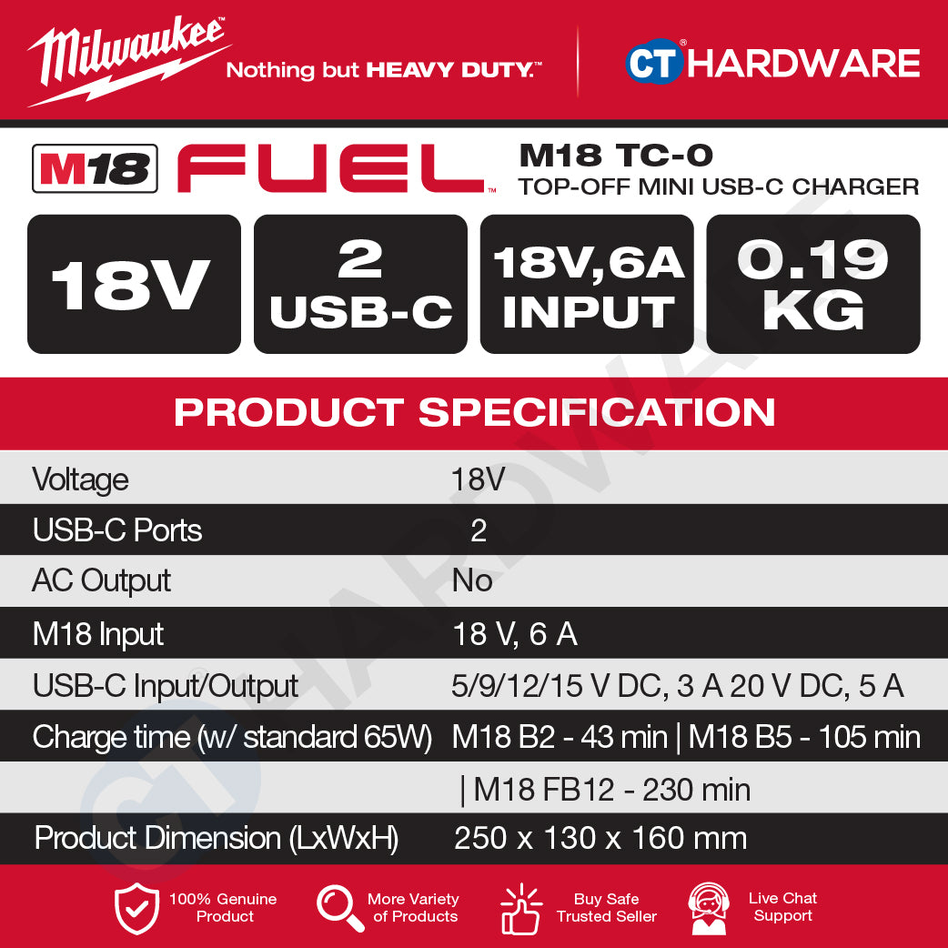 Milwaukee M18 TC-0, Top-Off Mini USB-C Charger With FREE 1x M18 5.0Ah M18 B5 Battery | BARE UNIT