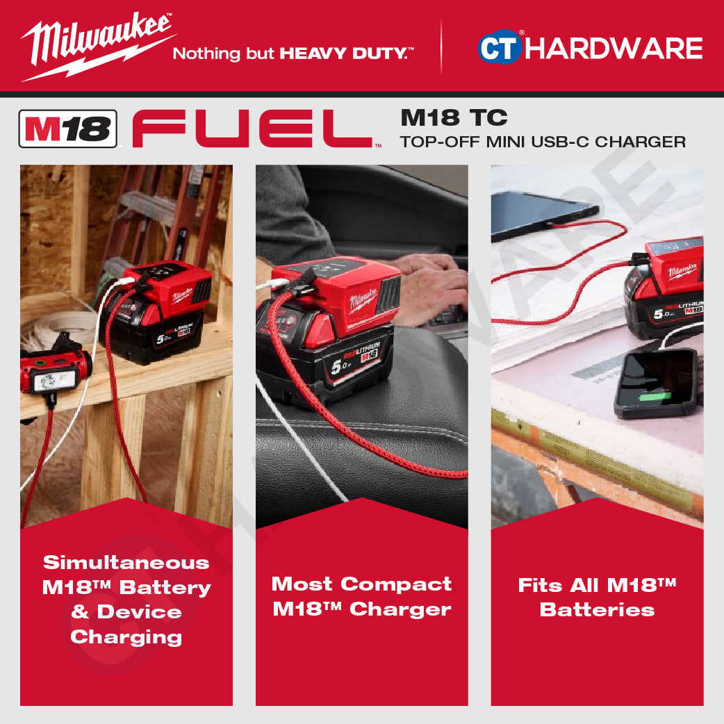 Milwaukee M18 TC, Top-Off Mini USB-C Charger With FREE 1x M18 5.0Ah M18 B5 Battery | BARE UNIT