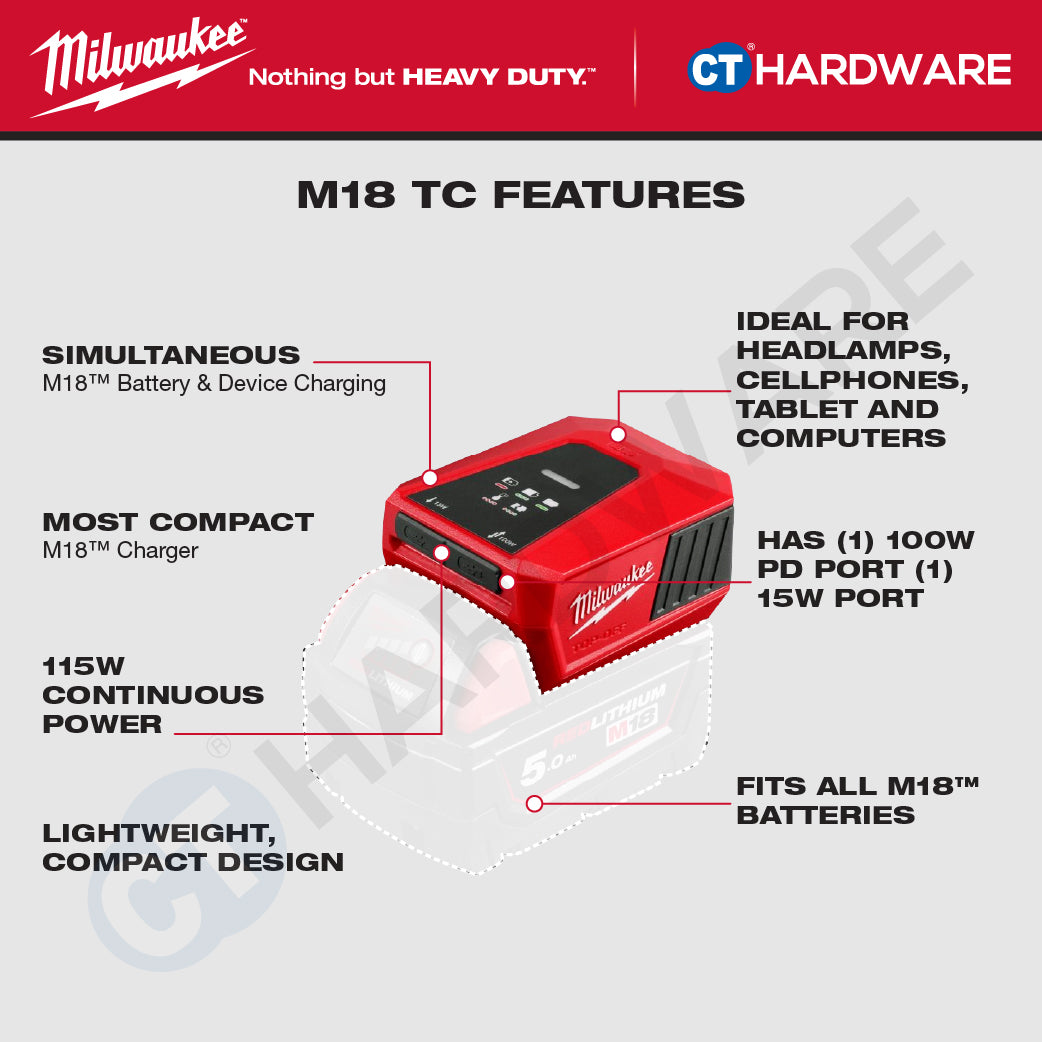 Milwaukee M18 TC, Top-Off Mini USB-C Charger With FREE 1x M18 5.0Ah M18 B5 Battery | BARE UNIT