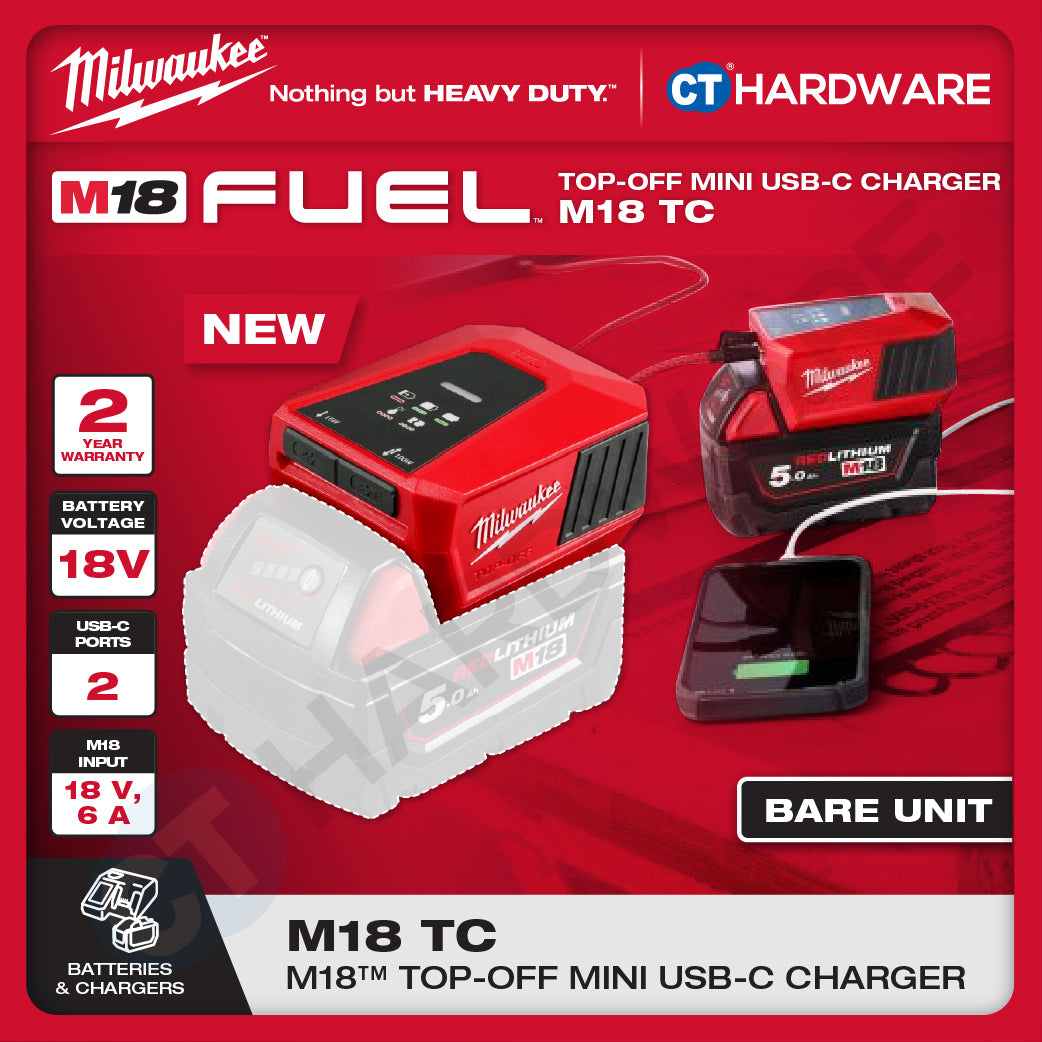 Milwaukee M18 TC, Top-Off Mini USB-C Charger With FREE 1x M18 5.0Ah M18 B5 Battery | BARE UNIT