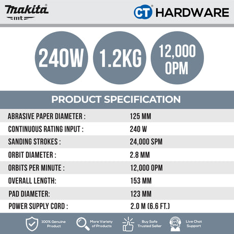 Makita MT M9204B Random Orbit Sander 240W 5" (125mm)