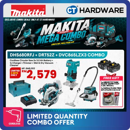 Makita DHS680RFJ + DRT52Z + DVC865LZX3 Combo Set — LXT 18V Cordless Circular Saw + Trimmer + Wet & Dry Vacuum Cleaner