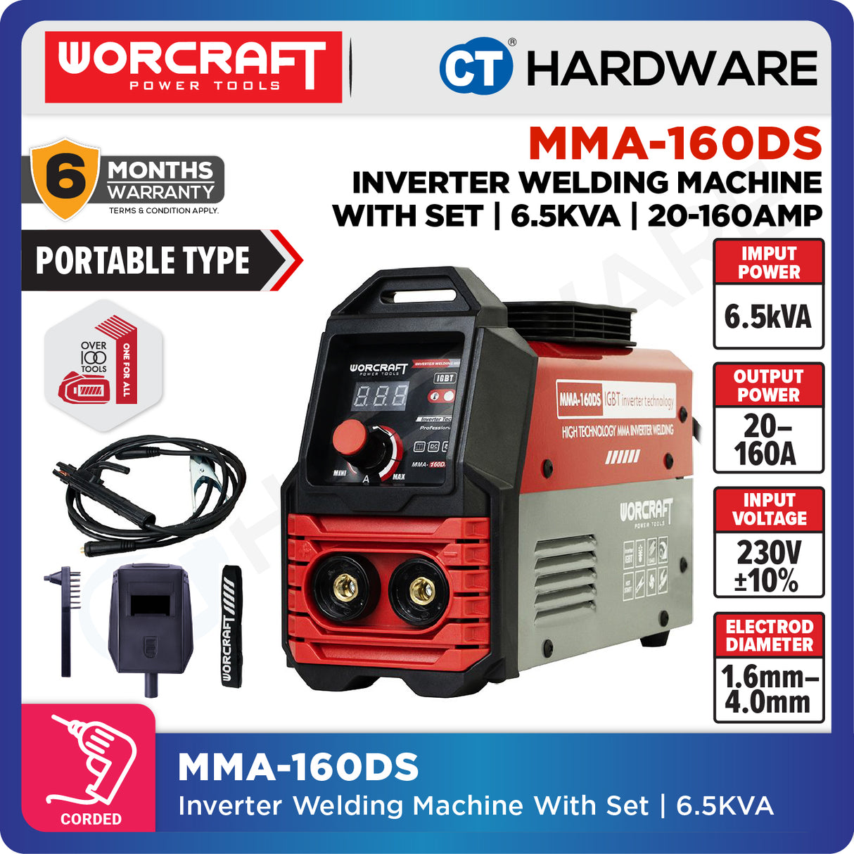 WORCRAFT MMA-160DS Inverter Welding Machine With Set | 6.5KVA | 20-160AMP (PORTABLE TYPE) | Mesin Kimpal Inverter