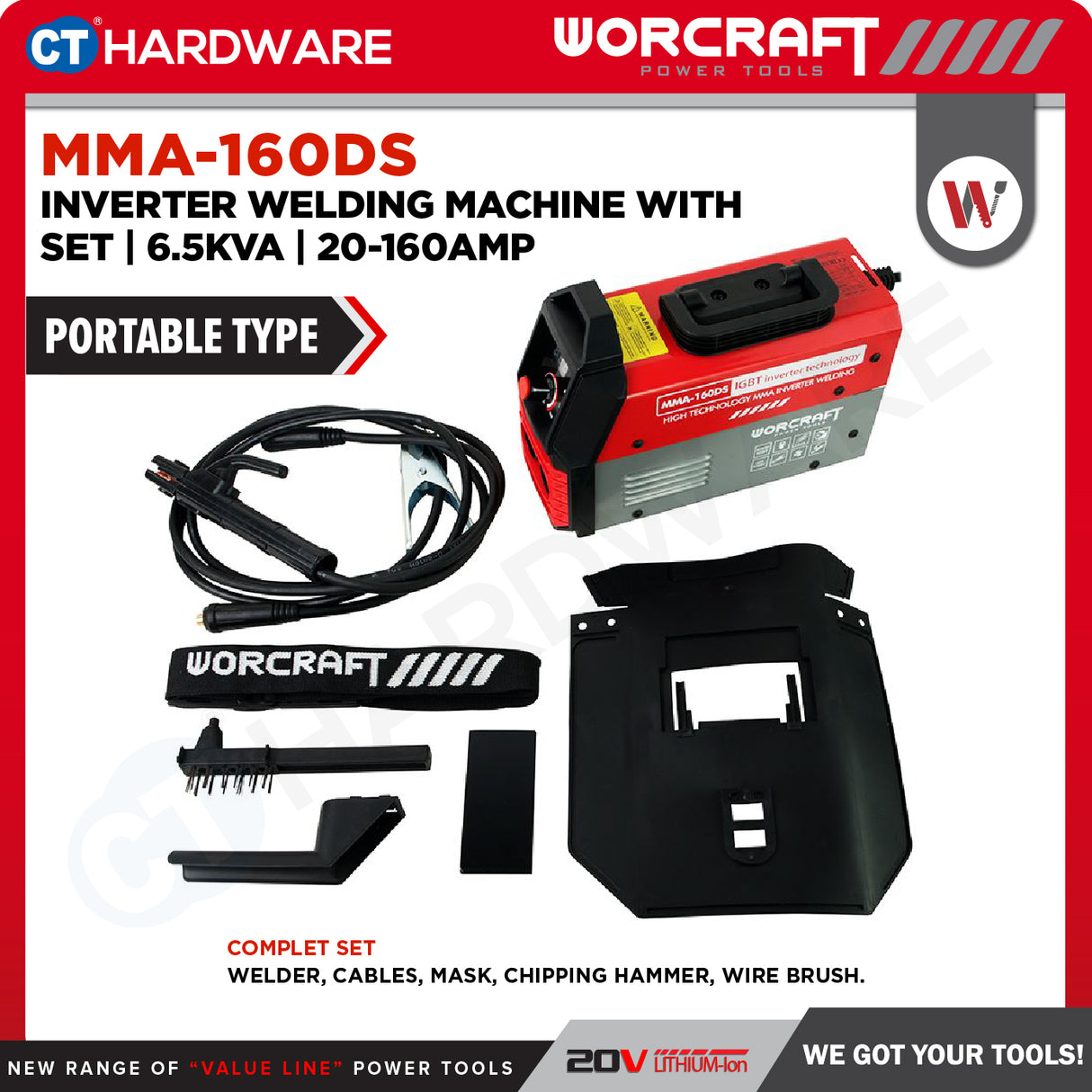 WORCRAFT MMA-160DS Inverter Welding Machine With Set | 6.5KVA | 20-160AMP (PORTABLE TYPE) | Mesin Kimpal Inverter
