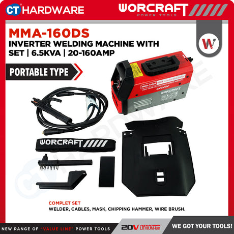 WORCRAFT MMA-160DS Inverter Welding Machine With Set | 6.5KVA | 20-160AMP (PORTABLE TYPE) | Mesin Kimpal Inverter