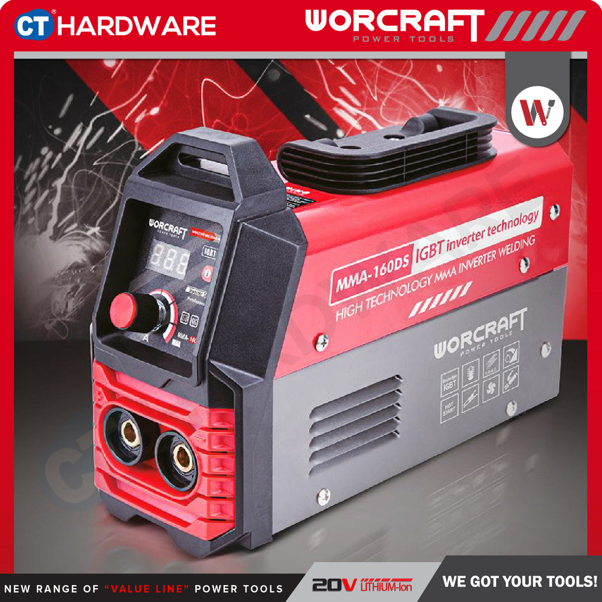WORCRAFT MMA-160DS Inverter Welding Machine With Set | 6.5KVA | 20-160AMP (PORTABLE TYPE) | Mesin Kimpal Inverter