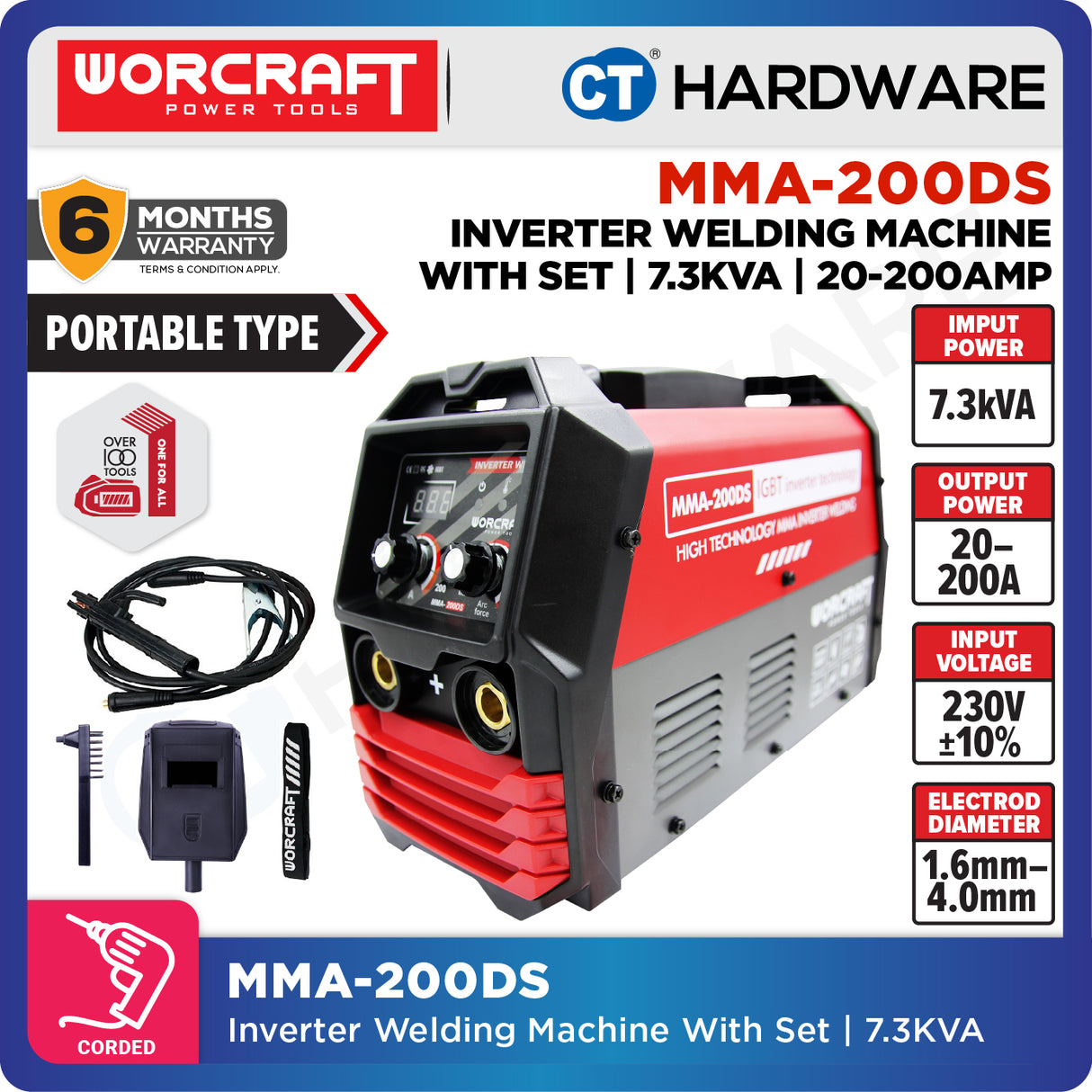 WORCRAFT MMA-200DS Inverter Welding Machine With Set | 7.3KVA | 20-200AMP (PORTABLE TYPE) | Mesin Kimpal Inverter