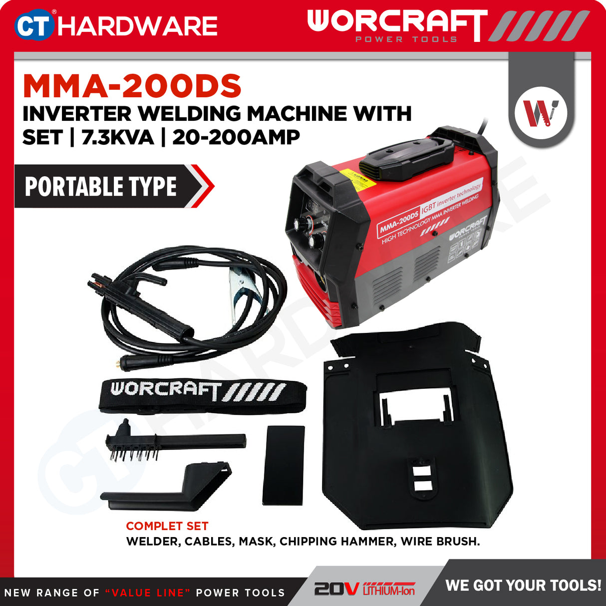 WORCRAFT MMA-200DS Inverter Welding Machine With Set | 7.3KVA | 20-200AMP (PORTABLE TYPE) | Mesin Kimpal Inverter