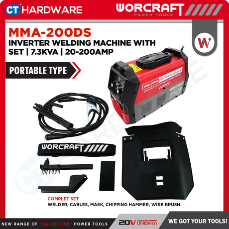 WORCRAFT MMA-200DS Inverter Welding Machine With Set | 7.3KVA | 20-200AMP (PORTABLE TYPE) | Mesin Kimpal Inverter