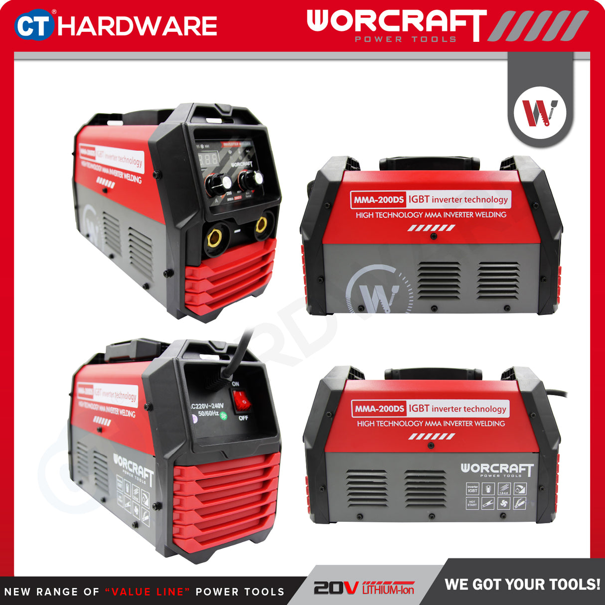 WORCRAFT MMA-200DS Inverter Welding Machine With Set | 7.3KVA | 20-200AMP (PORTABLE TYPE) | Mesin Kimpal Inverter