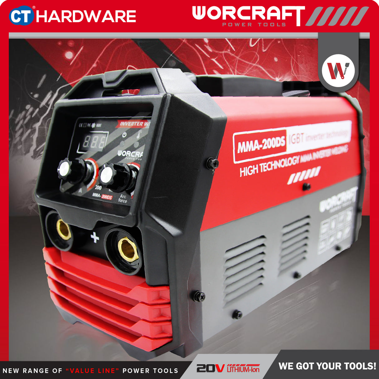 WORCRAFT MMA-200DS Inverter Welding Machine With Set | 7.3KVA | 20-200AMP (PORTABLE TYPE) | Mesin Kimpal Inverter