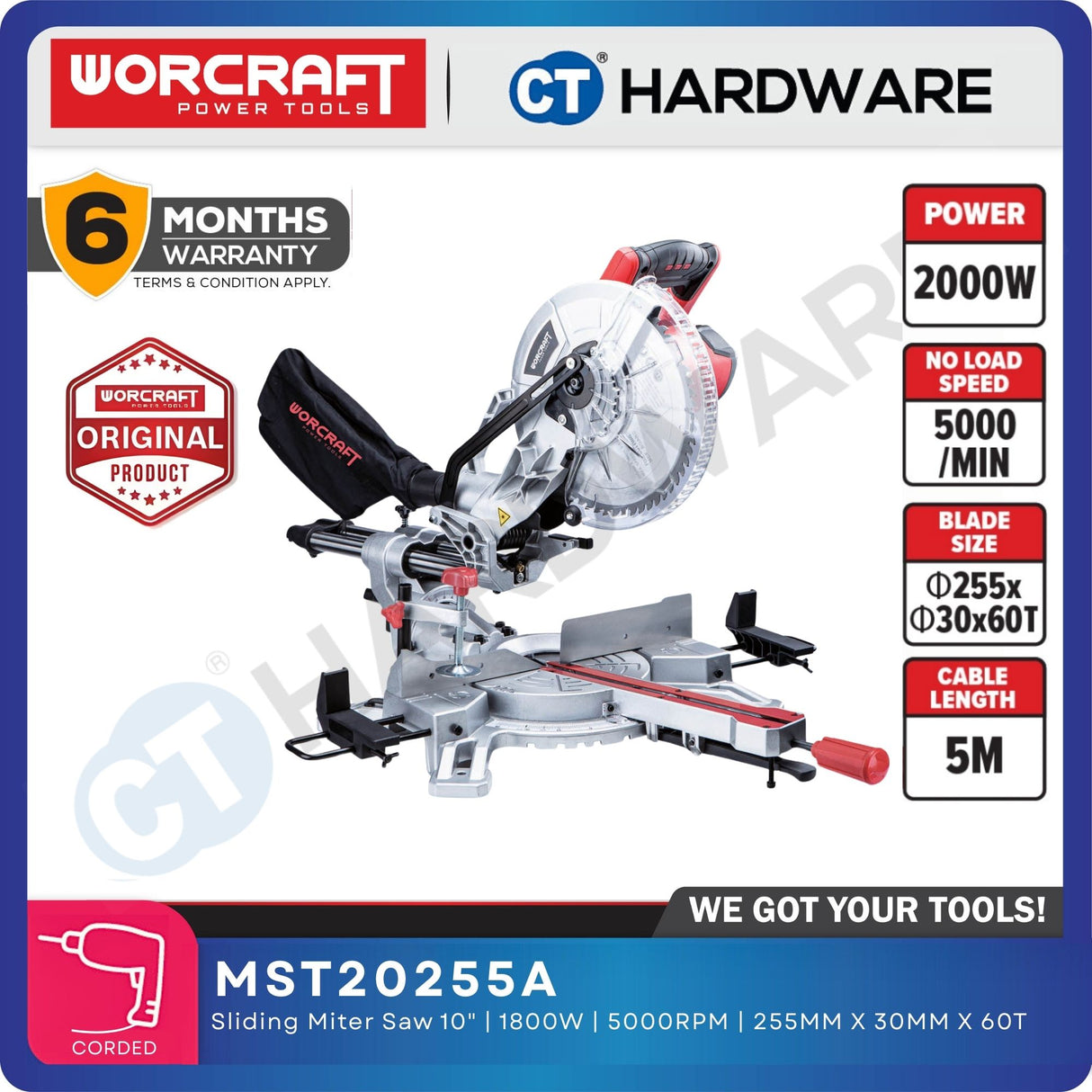 WORCRAFT MST20-255A SLIDING MITRE SAW 10" | 2000W (MST20255A)