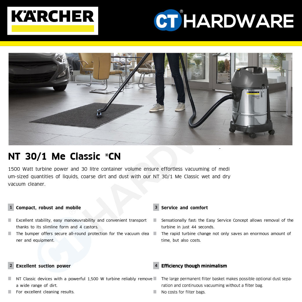 Karcher NT 30/1 ME CLASSIC Wet & Dry Vacuum Cleaner Stainless Steel 1300W 28l [NT301MECLASSIC | 14285690]