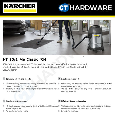 Karcher NT 30/1 ME CLASSIC Wet & Dry Vacuum Cleaner Stainless Steel 1300W 28l [NT301MECLASSIC | 14285690]