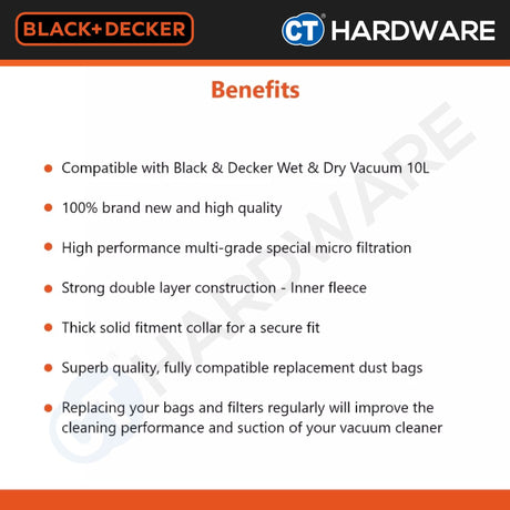 BLACK+DECKER PB10-B1 Paper Dust Bag 10l 3pcs For BDWD10 Vacuum Cleaner