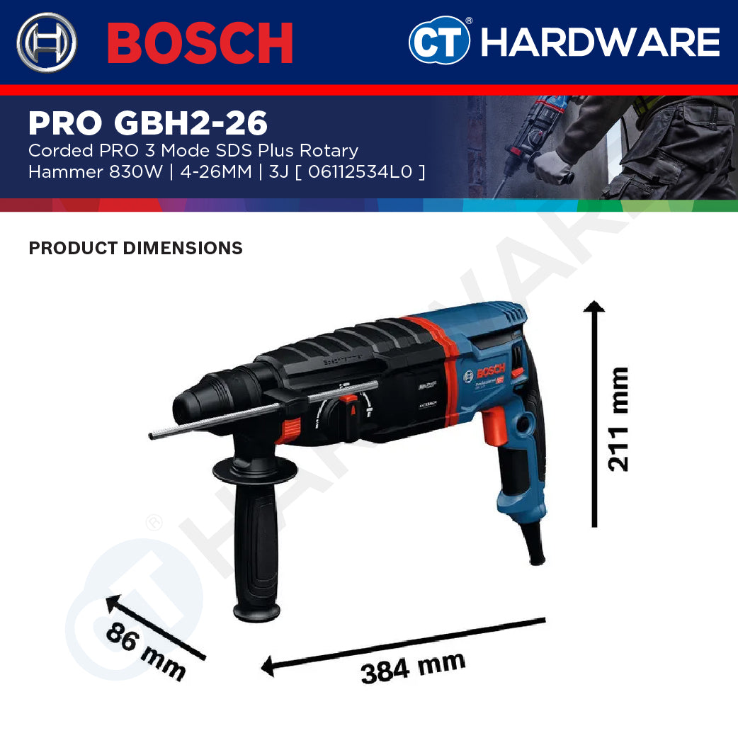 Bosch PRO GBH2-26 3 Mode SDS Plus Rotary Hammer, 830W, 4-26MM, 3J, 06112534L0, GBH226, Tukul Pemecah Konkrit