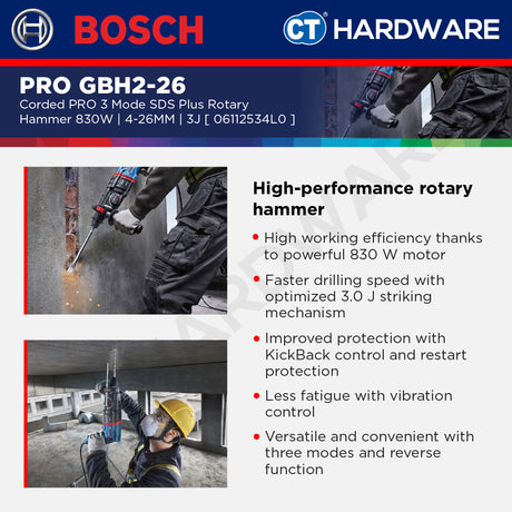 Bosch PRO GBH2-26 3 Mode SDS Plus Rotary Hammer, 830W, 4-26MM, 3J, 06112534L0, GBH226, Tukul Pemecah Konkrit