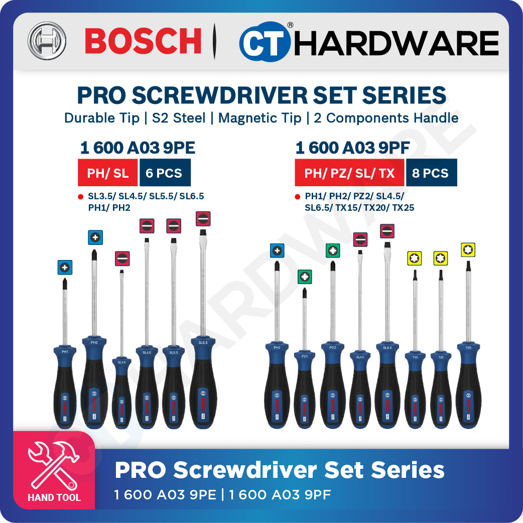 Bosch PRO Screwdriver Set Series 1600A016BF (6PCS), 1600A039PD (6PCS), 1600A039PE (6PCS), 1600A039PF (8PCS)