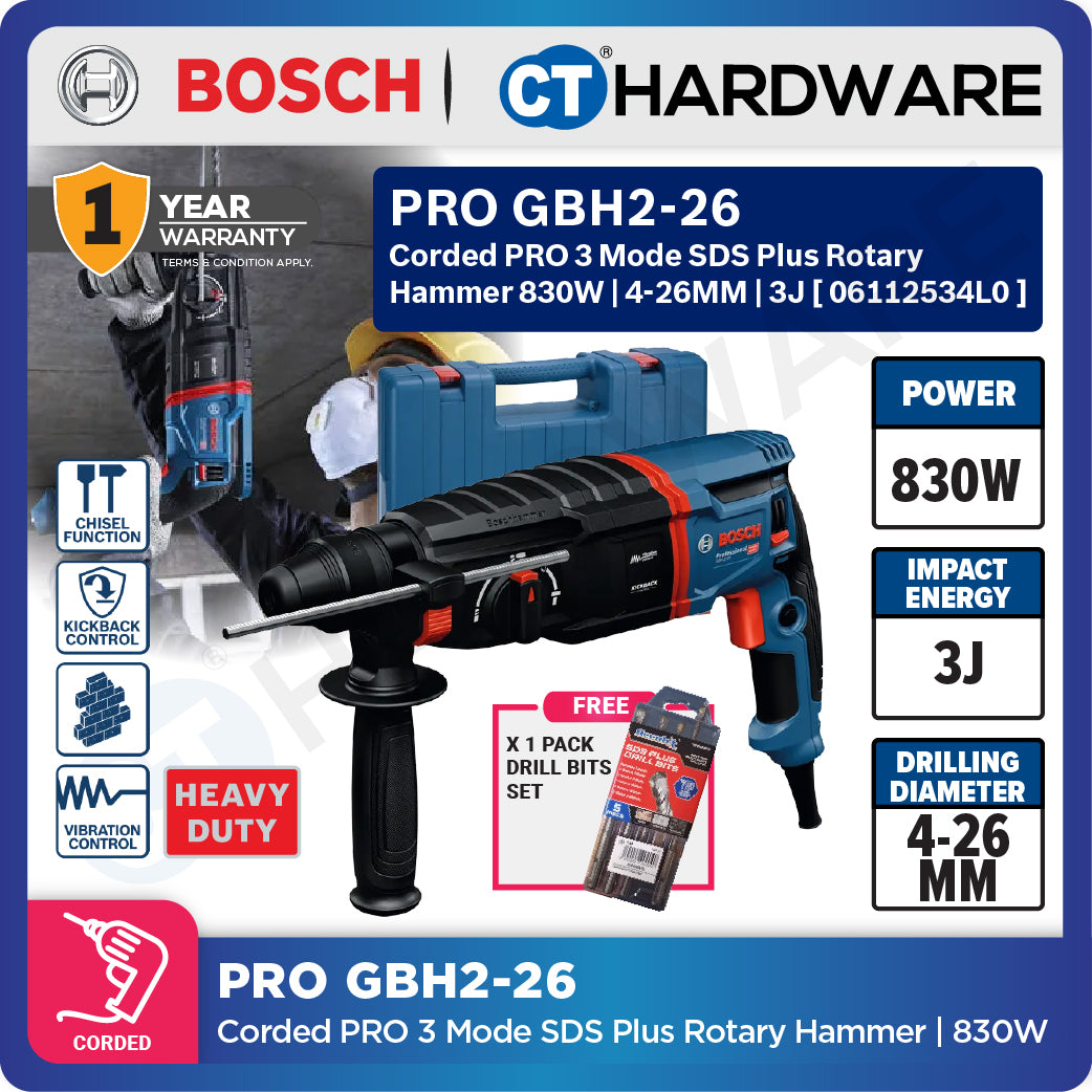Bosch PRO GBH2-26 3 Mode SDS Plus Rotary Hammer, 830W, 4-26MM, 3J, 06112534L0, GBH226, Tukul Pemecah Konkrit