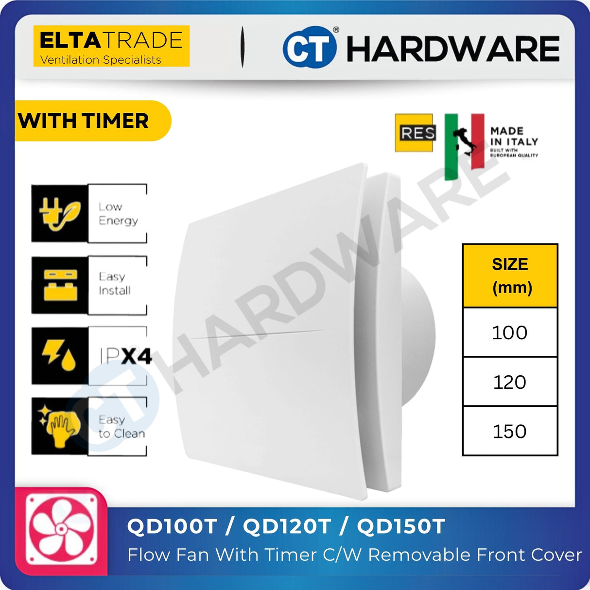 Elta Trade QD100T / QD120T / QD150T Flow Fan with Auto-Shutter & Removable Front Cover (4" / 5" / 6")
