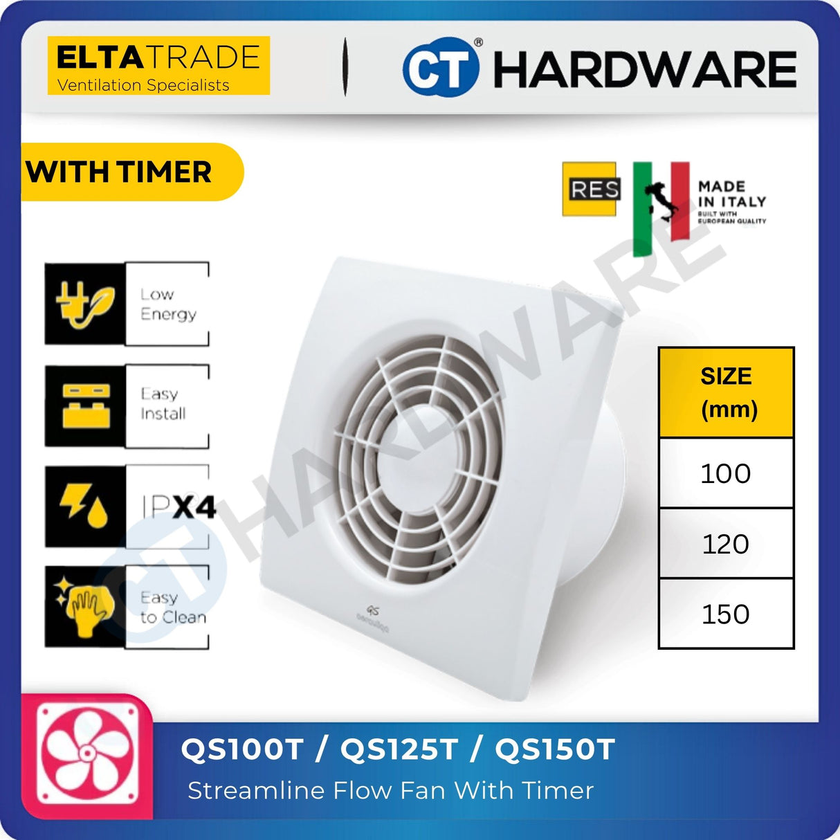 ELTA TRADE QS100T / QS120T / QS150T Streamline Axial Fan with Timer (4", 5", 6")