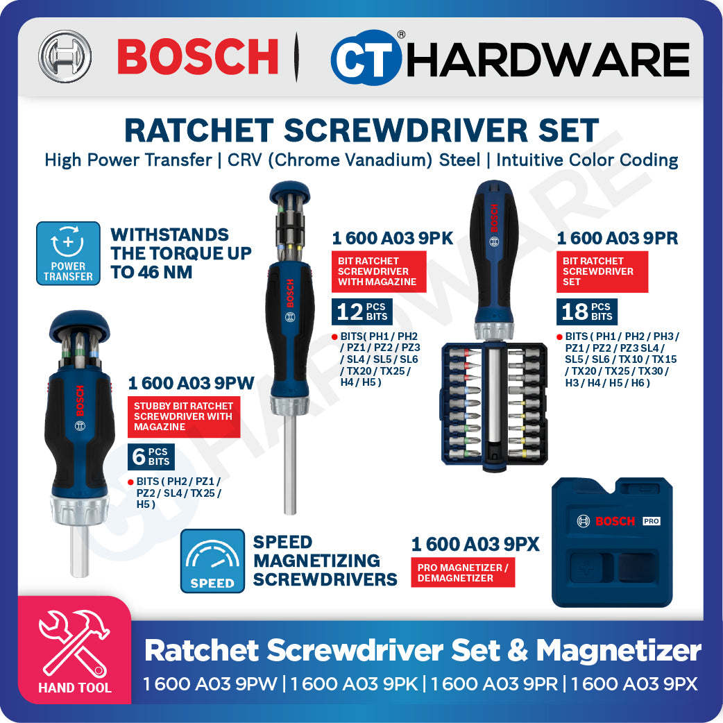 Bosch Ratchet Screwdriver Set, 1600A039PW (6PCS), 1600A039PK (12PCS), 1600A039PR (18PCS), 1600A039PX PRO Magnetizer, Bosch Hand Tool