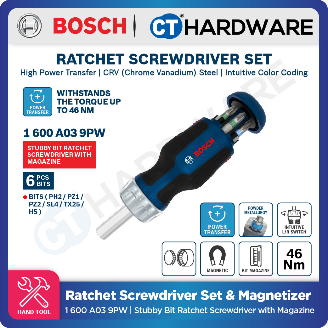 Bosch Stubby Bit Ratchet Screwdriver with Magazine 6-Bit Set [1600A039PW]
