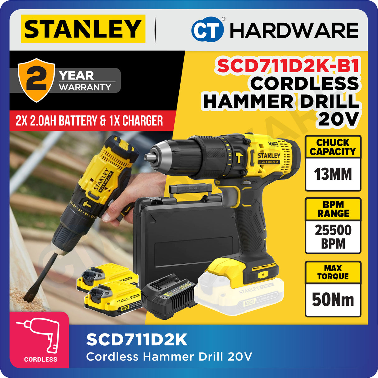 STANLEY SCD711D2K CORDLESS HAMMER DRILL 20V | 50Nm | 25500 BPM | 13MM COME WITH 2x 2.0AH BATTERY & 1x CHARGER