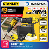 STANLEY SCD711D2K CORDLESS HAMMER DRILL 20V | 50Nm | 25500 BPM | 13MM COME WITH 2x 2.0AH BATTERY & 1x CHARGER