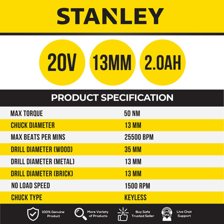 STANLEY SCD711D2K CORDLESS HAMMER DRILL 20V | 50Nm | 25500 BPM | 13MM COME WITH 2x 2.0AH BATTERY & 1x CHARGER