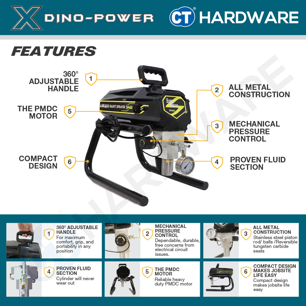 Dino-Power SP460, X10 Airless Paint Sprayer Come With 6372S Spray Gun, RAC X517 Tip, Tip Guard