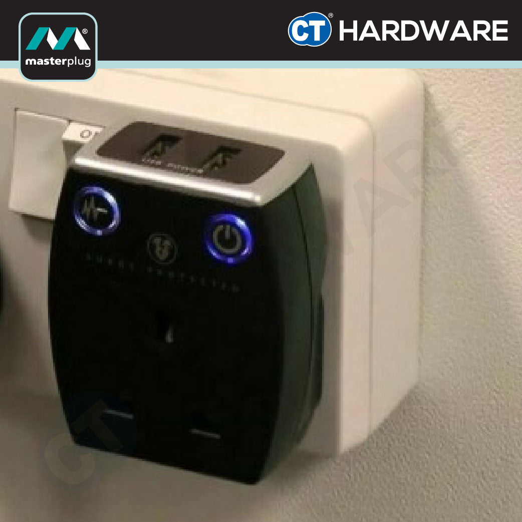 Masterplug SRGAUSBPB3-MP Gloss Black Surge Protected Power Adaptor | 2 USB Ports