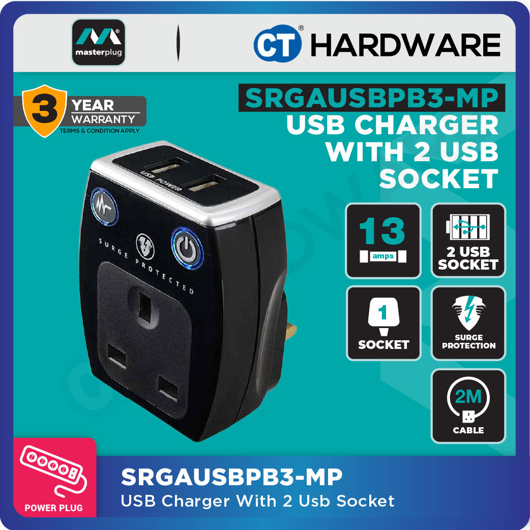 Masterplug SRGAUSBPB3-MP Gloss Black Surge Protected Power Adaptor | 2 USB Ports