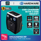 Masterplug SRGAUSBPB3-MP Gloss Black Surge Protected Power Adaptor | 2 USB Ports