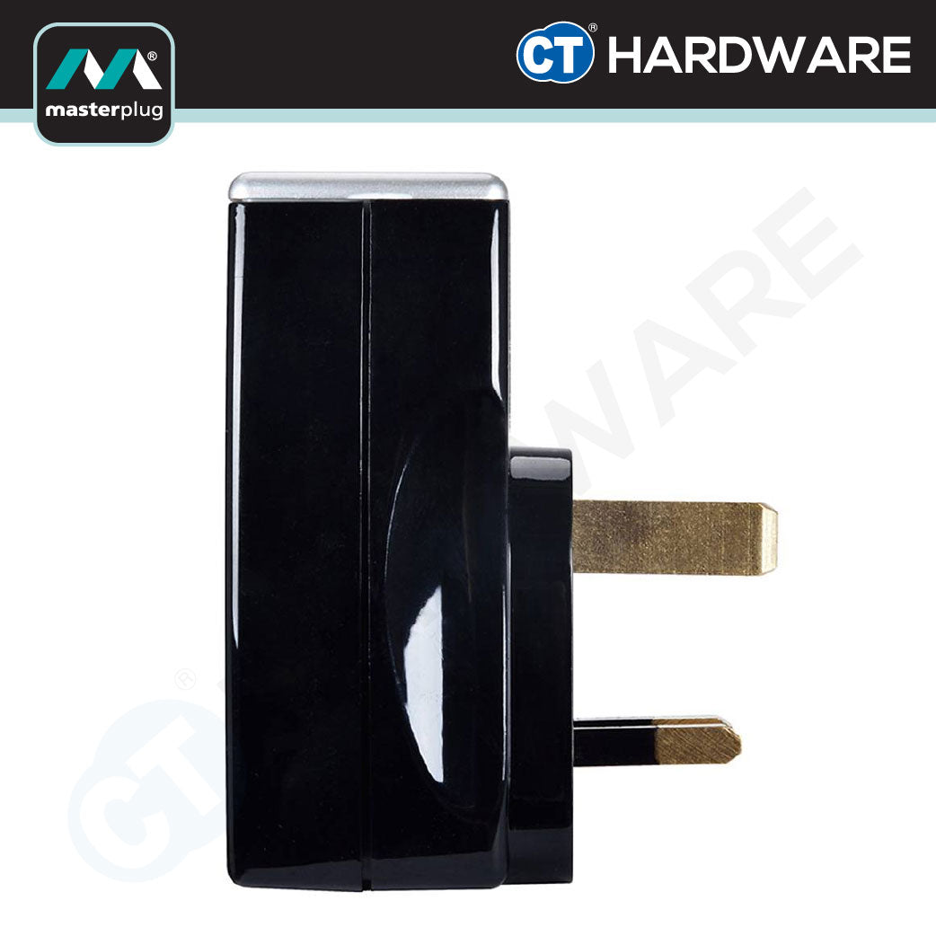 Masterplug SRGAUSBPB3-MP Gloss Black Surge Protected Power Adaptor | 2 USB Ports
