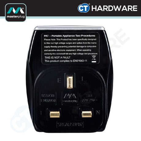 Masterplug SRGAUSBPB3-MP Gloss Black Surge Protected Power Adaptor | 2 USB Ports