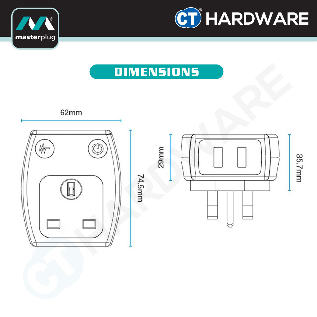 Masterplug SRGAUSBPB3-MP Gloss Black Surge Protected Power Adaptor | 2 USB Ports