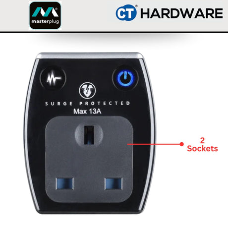 Masterplug Gloss Black Surge Protected Power Adaptor | 2 USB Ports SRGAUSBPB3-MP