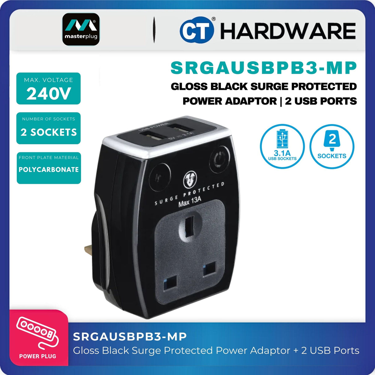 Masterplug Gloss Black Surge Protected Power Adaptor | 2 USB Ports SRGAUSBPB3-MP
