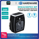 Masterplug Gloss Black Surge Protected Power Adaptor | 2 USB Ports SRGAUSBPB3-MP
