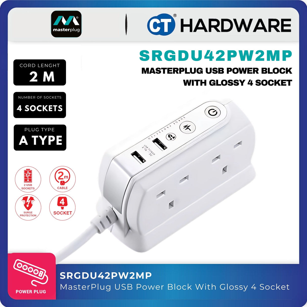 Masterplug 4-Socket Power Block USB Glossy Finish