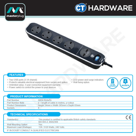 Masterplug SRGLSU42PB-MPA 4-Gang Surge Protected Extension Lead | 2 USB 3.1A (2m)