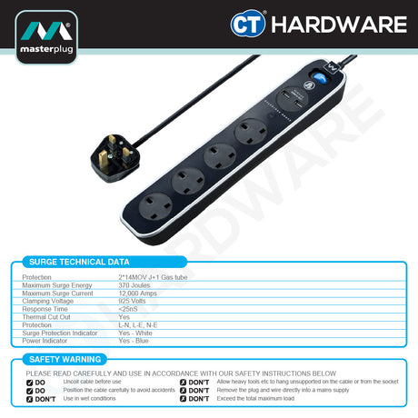 Masterplug SRGLSU42PB-MPA 4-Gang Surge Protected Extension Lead | 2 USB 3.1A (2m)