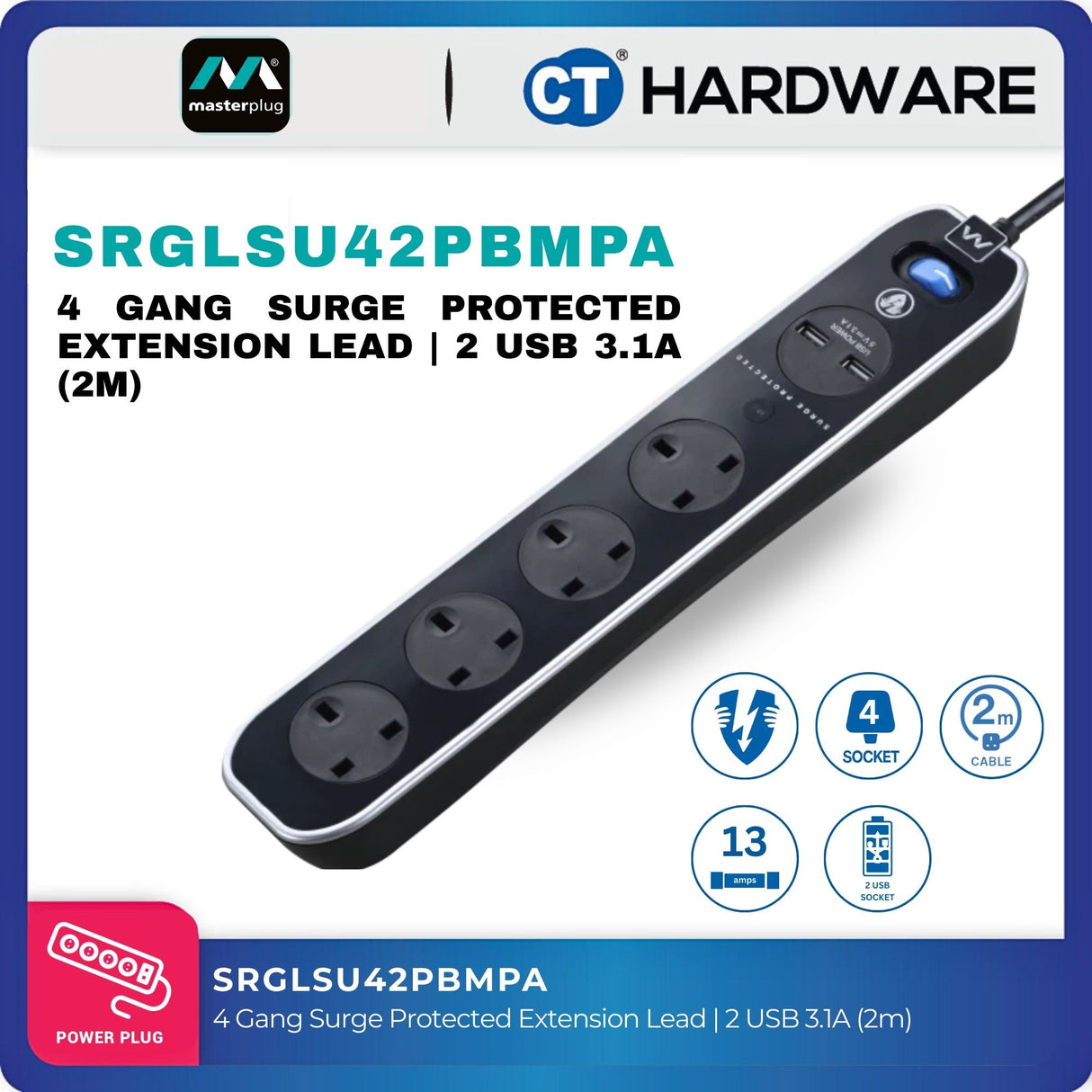 Masterplug SRGLSU42PB-MPA 4-Gang Surge Protected Extension Lead | 2 USB 3.1A (2m)